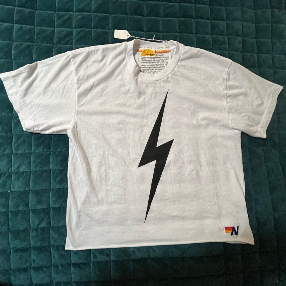 Aviator Nation White Tee with Yellow & Orange Stripe Detail